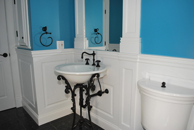 Moisture Resistnat MDF used behind Kohler Iron Works Pedestal Sink