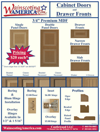Wainscoting America Cabinet Doors and Drawer Front Brochure with profiles, edge profiles and hinges